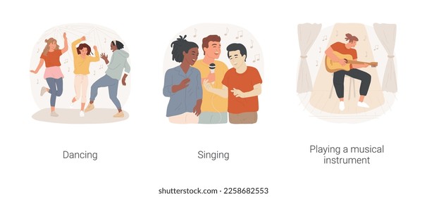 Performance-based hobbies isolated cartoon vector illustration set. Group of people practice modern dancing, singing in karaoke, musical instrument, man playing guitar for friends vector cartoon.