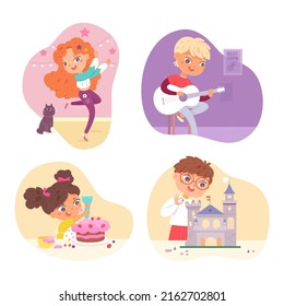 Performances and hobby activity of cute kids set vector illustration. Cartoon happy boys and girls dance, build toy brick tower of castle, play guitar and make cake in kitchen isolated on white