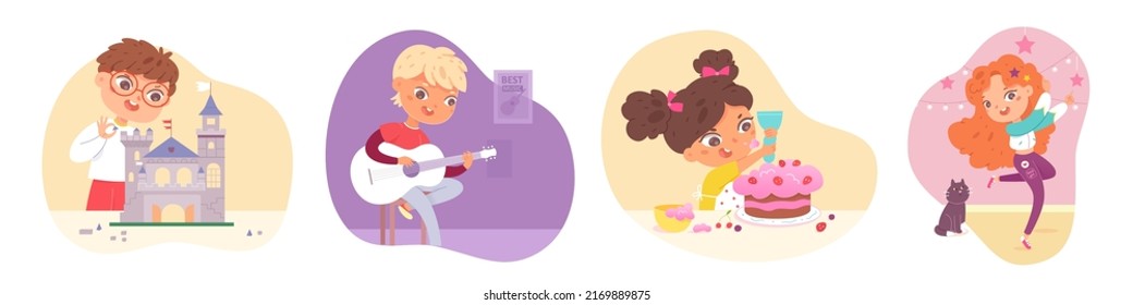 Las actuaciones y la actividad de afición de los niños lindos configuran la ilustración vectorial. Caricatura niños y niñas felices bailan, construyen torres de ladrillo de juguete del castillo, tocan la guitarra y hacen torta en la cocina aislada en blanco