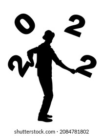 Performer artist acrobat juggling with numbers, juggler vector silhouette illustration isolated on white background. Happy New Year 2021 animator entertainment. Clown in circus. Street actor jester.