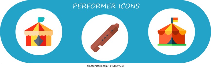 performer icon set. 3 flat performer icons.  Collection Of - circus, flute