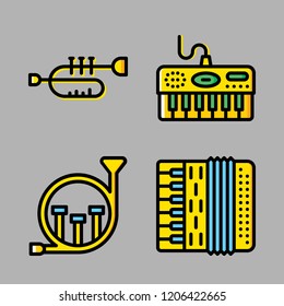 performer icon set. vector set about french horn, accordion, trumpet and piano icons set.