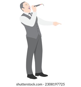 performer male sing standing on stage with pointing hand, man singer flat vector illustration isolated on white background