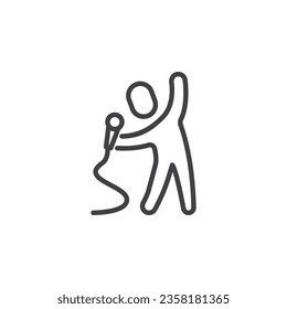 Performer with microphone line icon. linear style sign for mobile concept and web design. Karaoke singer outline vector icon. Symbol, logo illustration. Vector graphics