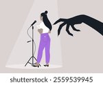 A performer stands nervously at a microphone, illuminated by a spotlight, while a large, shadowy claw looms threateningly overhead, embodying the struggle against stage fright and anxiety