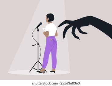 A performer stands nervously at a microphone, illuminated by a spotlight, while a large, shadowy claw looms threateningly overhead, embodying the struggle against stage fright and anxiety