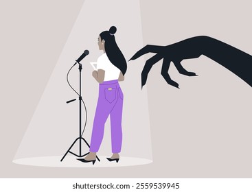 A performer stands nervously at a microphone, illuminated by a spotlight, while a large, shadowy claw looms threateningly overhead, embodying the struggle against stage fright and anxiety