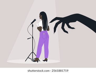 A performer stands nervously at a microphone, illuminated by a spotlight, while a large, shadowy claw looms threateningly overhead, embodying the struggle against stage fright and anxiety