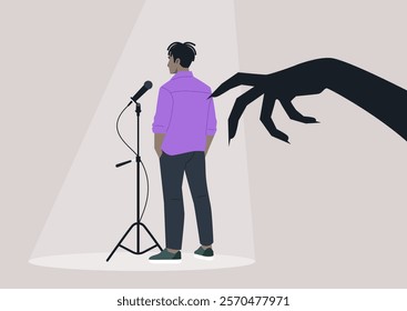 A performer stands nervously at a microphone, illuminated by a spotlight, while a large, shadowy claw looms threateningly overhead, embodying the struggle against stage fright and anxiety