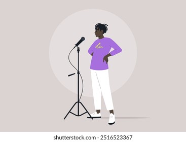 A performer with a stylish purple top and white pants exudes confidence as they prepare to engage the crowd, standing next to a sleek microphone during a lively event