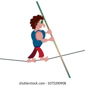 a performer walks barefoot across a tightrope