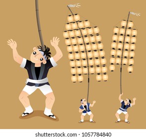 Performers display their balance skill of holding up a long bamboo pole by their different parts of bodies in the Japanese Pole Lantern festival (Kanto Matsuri).