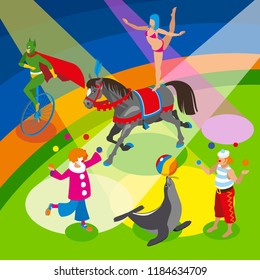 Performers and entertainment composition with clowns jugglers and animals flat vector illustration