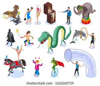 Performers and entertainment icons set with circus symbols flat isolated vector illustration