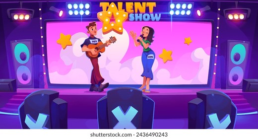 Intérpretes en el escenario del concurso de talentos. Ilustración de dibujos animados vectoriales de hombre feliz tocando la guitarra, mujer joven cantando en micrófono, banda compitiendo en concurso de la canción, altavoces de estudio de televisión y focos