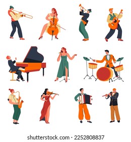 Performers playing on musical instruments, isolated man and woman singing and performing on drums. Piano and violin, saxophone and acoustic guitar. Vector in flat style, concerts or festivals