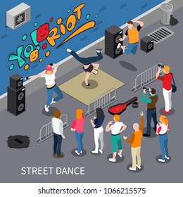 Performers Of Street Dance On Graffiti Background Isometric Composition With Audio Equipment, Spectators, Vector Illustration