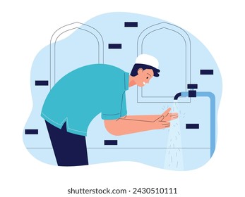 Performing ablution to purify before performing prayer, Muslim vector illustration.