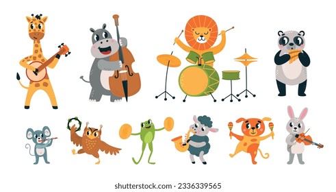 Performing animal musician party. Funny animals play music concert. Musical instruments, cartoon wildlife musicians, zoo classy vector characters