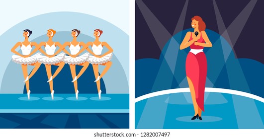 Performing arts ballet and pop music, different music genres, ballerinas wearing tutus, singing solo artist in red dress perform on stage under the limelight, colorful flat concept vector illustration