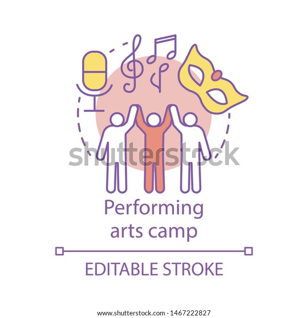 Performing arts camp concept icon. Artistic,\
creative personalities community, club idea thin line illustration.\
Theatre, movie acting amateurs. Vector isolated outline drawing.\
Editable stroke
