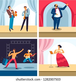 Artistas escénicas, artistas en escena, géneros musicales, músicos de jazz con saxofón y trombón, actor de teatro, conciertos de bandas de rock, cantante de ópera, colorida ilustración plana vectorial de lo que