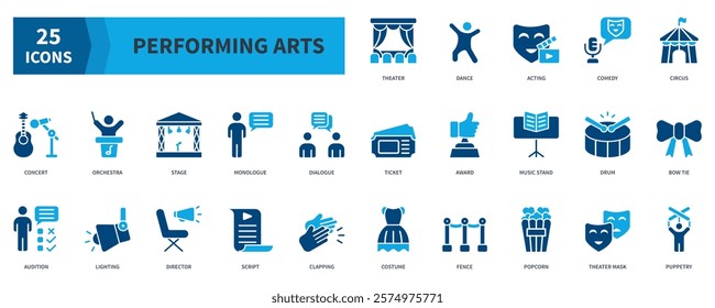 Performing Arts Icon Collection Set. Containing theater, dance, acting, comedy, concert, orchestra, stage Icon. Simple Flat Vector. Blue Color Style