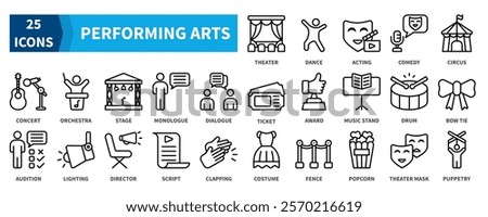 PERFORMING ARTS icon collection set. Containing theater, dance, acting, comedy, concert, orchestra, stage icon. Simple black outline vector.