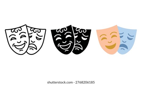 Performing arts theater icon collection, in linear and flat forms, comedy, tragedy, entertainment, cinema, and drama