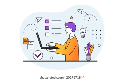 Performing business tasks concept. Man sitting in office at laptop and notes completed assignments. Metaphor for time management and working day planning. Cartoon doodle flat vector illustration