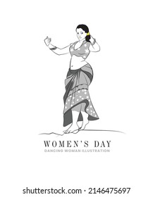 Danza interpretativa de una bella dama, ilustración vectorial de una bailarina india, dibujo de una bailarina de la línea