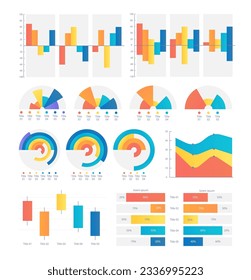 Performing educational information with infographic chart design template set. Visual data presentation. Editable bar graphs and circular diagrams collection. Myriad Variable Concept font used