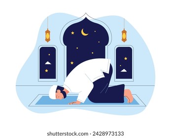Realizando oraciones nocturnas con postración solemne y tranquila, ilustración vectorial musulmana.