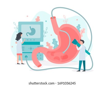 Performing a gastroscopy procedure. Diagnostics of gastric diseases. Stomach health. Medical concept with tiny people. Flat vector illustration.