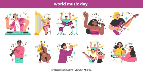 Performing musicians set. Characters playing musical instruments and singing with microphone. Rock, jazz or orchestra member playing music. Flat vector illustration