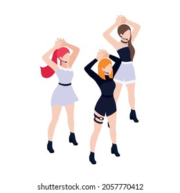 Performing on stage dancing group with three girls in short dresses isometric icon 3d vector illustration