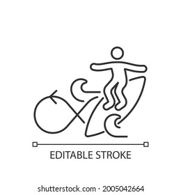 Performing roundhouse cutback in surfing linear icon. Turn board in opposite wave direction. Thin line customizable illustration. Contour symbol. Vector isolated outline drawing. Editable stroke