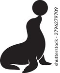 Performing seal vector silhouette illustration with ball on nose, black simple icon of trained animal