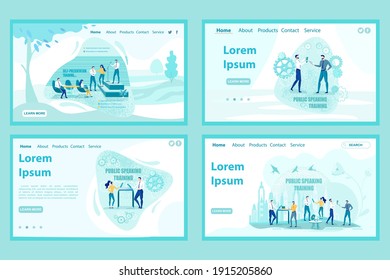 Performing Speech to Live Audience. Self-Presentation Skills Training. Trainees Working Individually with Coach and in Groups. Four Flat Vector Landing Page Templates with Copy Space for Extra Text.