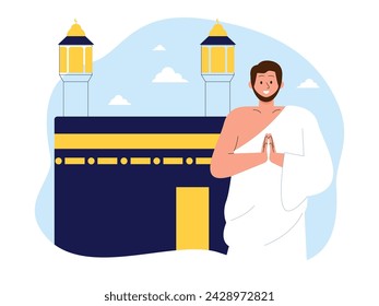 Performing the Umrah pilgrimage in Mecca City, Muslim vector illustration.