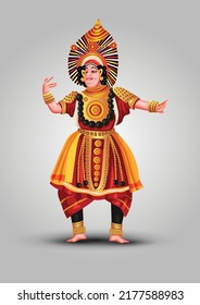 Performing Yakshagana Classical Dance Of Karnataka State, India. Vector Illustration Design