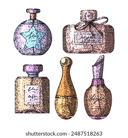 perfum bottle female set hand drawn. fragrance ery, spray parfum, beauty product perfum bottle female vector sketch. isolated color illustration