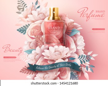 Perfume Ads With Light Pink Paper Flowers In 3d Illustration