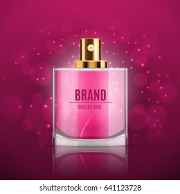 Perfume ads template. Perfume bottle on a pink background with glitter, bokeh and glowing elements. Design for ads or magazine. 3d illustration. EPS10 vector