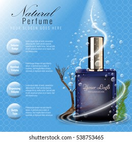 Perfume ads template, glass bottle mockup for ads or magazine. Transparent liquid drip on background. 3D illustration.
