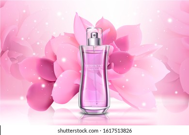 Perfume advertising banner vector template. Eau de Parfum flask, female toilet water bottle realistic illustration on pink floral background. Flower aroma extract, beauty, personal care concept