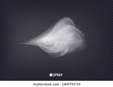 Perfume advertising spray.magic effect. Beautiful, elegant element for your design.Airy water spray.Mist.Sprayer fog isolated on black transparent background. Vector illustration. 