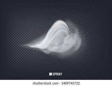Perfume advertising spray.magic effect. Beautiful, elegant element for your design.Airy water spray.Mist.Sprayer fog isolated on black transparent background. Vector illustration. 