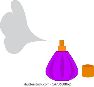 Perfume in the air from a small violet perfume bottle, vector, color drawing or illustration.