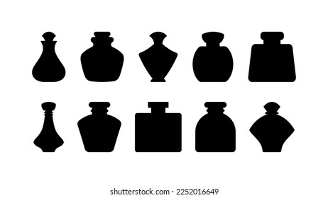 Botellas de perfume y alquímica con conjunto de silueta de corcho. Envase médico retro para almacenar medicamentos líquidos y bebidas. Frasco de vintage para pociones mágicas y tinta vectorial